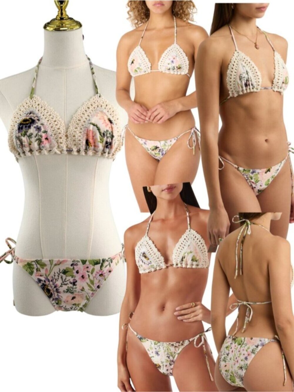 🆕 ZIMMERMANN 🧿 NWT Halliday Crochet Tri Bikini, Cream Multi Floral - Sz 3 US10